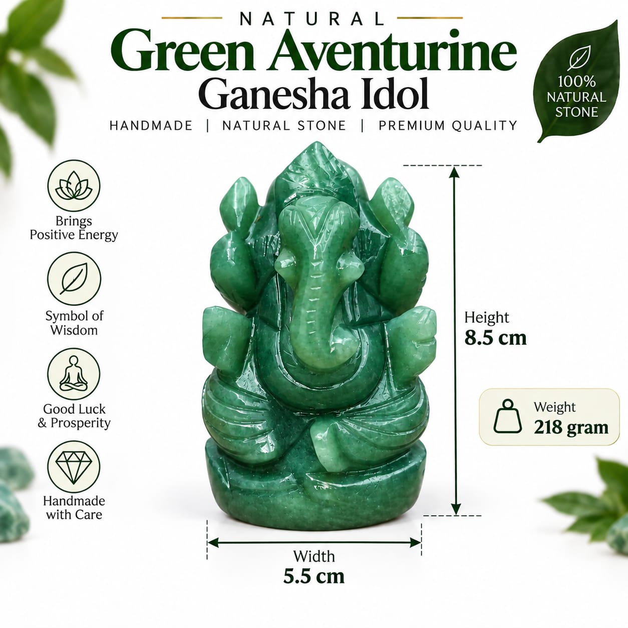 Natural Green Aventurine Ganesha Idol 218g - Handcarved Crystal Ganesh Murti 8.5cm Height 5.5cm Width